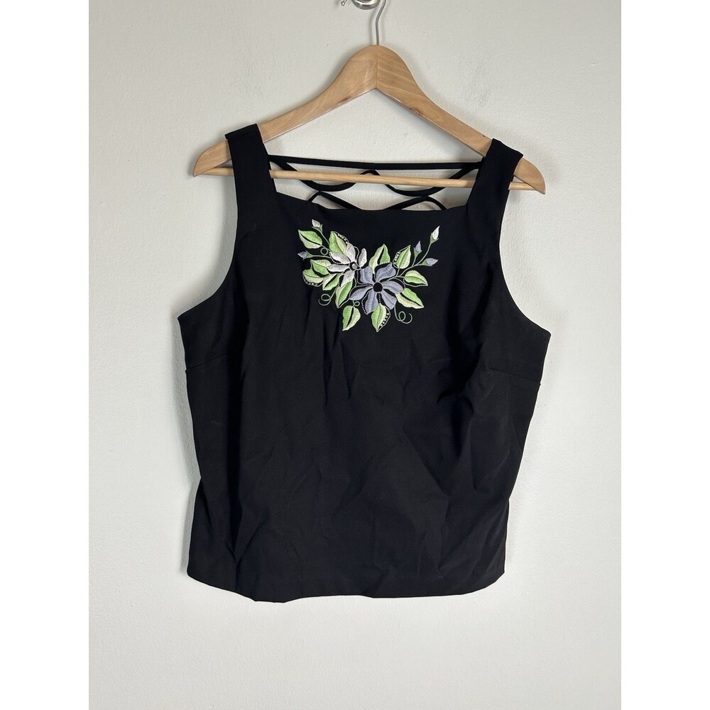 Vintage XL Black Top Embroidered Floral Y2K Square Neck Whimsigoth Fairy 90s